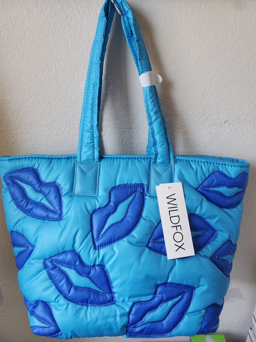 Wildfox Bright Turquoise Quilted Tote with Royal Blue Lip Appliqués
